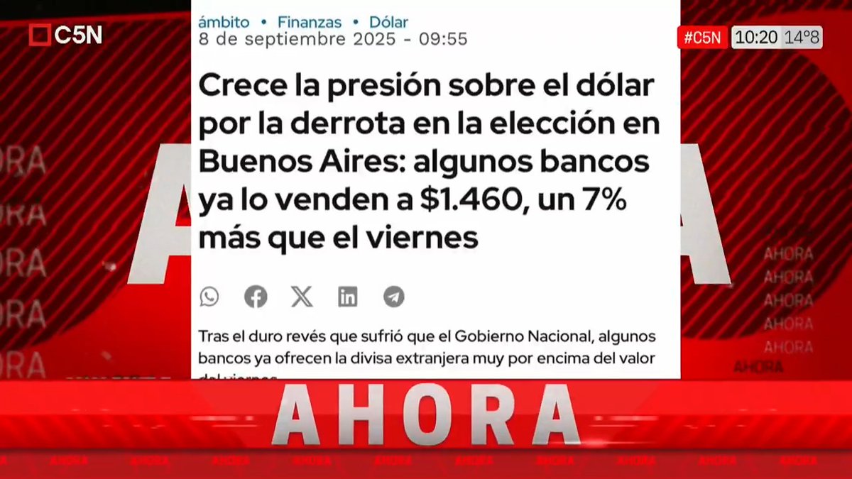 💸 Efecto elecciones: algunos bancos ya venden el dólar a $1460 y las acciones argentinas caen 12% 📲 En vivo por #C5N y en