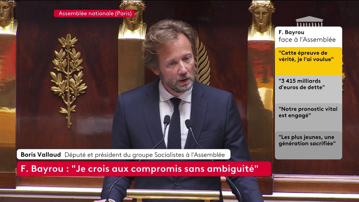 🔴 🗣 DIRECT - "Il n'est qu'un responsable à la crise : le président de la République et, avec lui, ses Épigones aveugles, dont vous êtes, Monsieur le Ministre, le premier apôtre", déclare Boris Vallaud, président du groupe Socialistes à François Bayrou. #franceinfo
