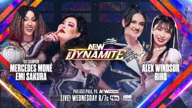 Wednesday Night #AEWDynamite This Wednesday, 9/10 TBS Champion Último Moné/Emi Sakura🍫 vs Riho/Alex Windsor アレクス・ウィンザー Before Riho vs Moné for the TBS Title at #AEWAllOut, the CEO aims to settle business when she teams with Riho’s trainer Sakura vs Riho + Windsor THIS WEDNESDAY!