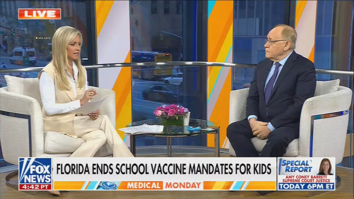 Fox: The Florida Surgeon General wants to end the vaccine mandates for public schools in Florida. Good idea or bad idea? Doctor: Bad idea. Measles is a wildly contagious virus and there is an incredibly effective vaccine. The school has a right to say, 'How do I create a safe environment?' Nobody out there would say, 'Can I bring a knife to school?' And you can't bring measles to school either