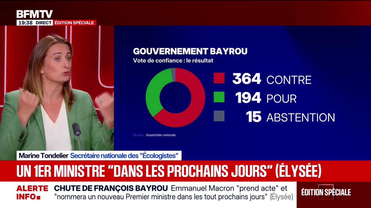 Chute de François Bayrou: "Nous demandons à être reçus par le président de la République", déclare Marine Tondelier (Les Écologistes)