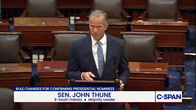 .Leader John Thune on changing Senate rules on expediting certain presidential nominations: "This historic obstruction ends now. Democrats have destroyed Senate precedent and we're going to fix it."