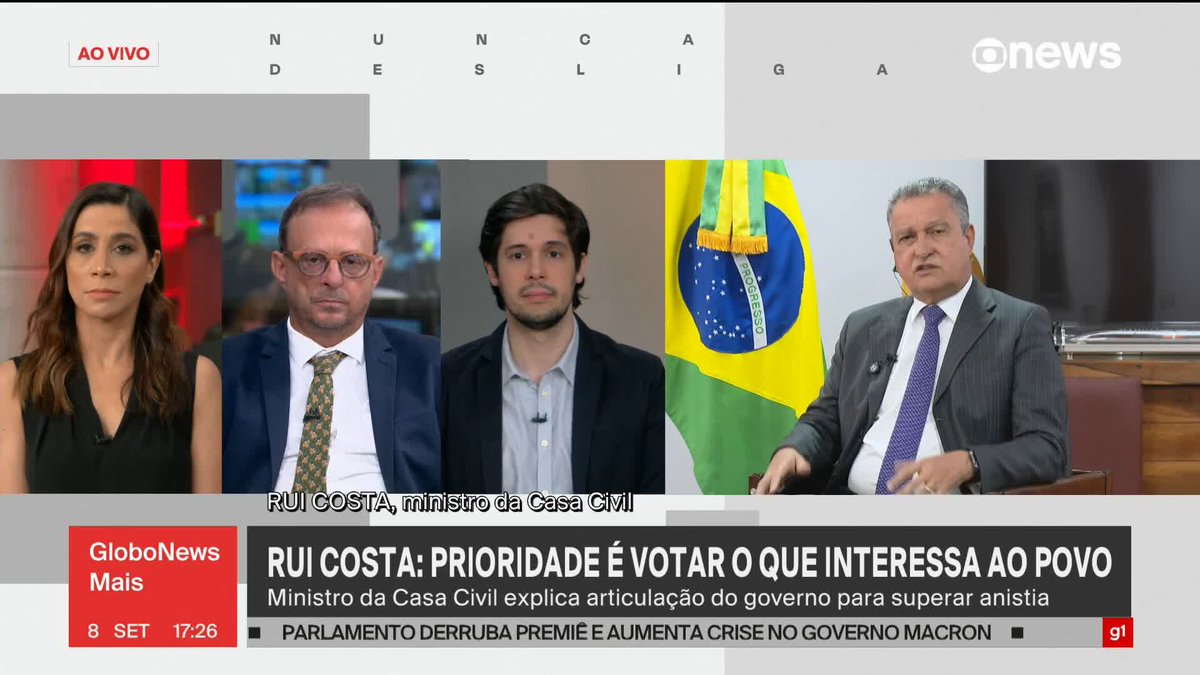 “Em um país onde a população reclama muito da criminalidade, (...) e a impunidade é a irmã gêmea da criminalidade, não é possível que alguém, antes mesmo do julgamento, esteja defendendo abertamente a impunidade daqueles que planejaram e chegaram a fazer vigia no trajeto de ministro do STF, do presidente eleito e do vice-presidente eleito com a intenção de assassiná-los. (...) Não deve ter impunidade para quem trama golpe de Estado e o assassinato de outras pessoas. E cabe à Justiça estabelecer a pena de cada um”, diz o ministro da Casa Civil, Rui Costa. ➡ Assista ao #GloboNewsMais: #globonewsmais