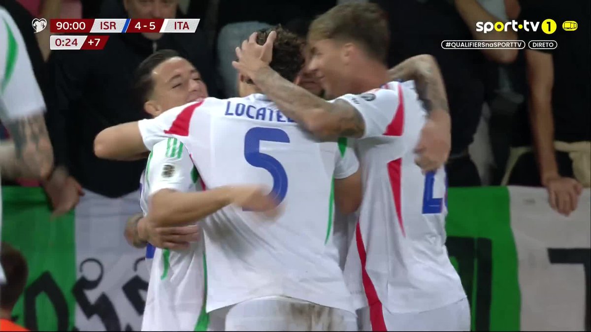 16': Israel 1-0 Itália 40': Israel 1-1 Itália 52': Israel 2-1 Itália 54': Israel 2-2 Itália 58': Israel 2-3 Itália 81': Israel 2-4 Itália 87': Israel 3-4 Itália 89': Israel 4-4 Itália 90+1': Israel 4-5 Itália DE LOUCOS! 🤯