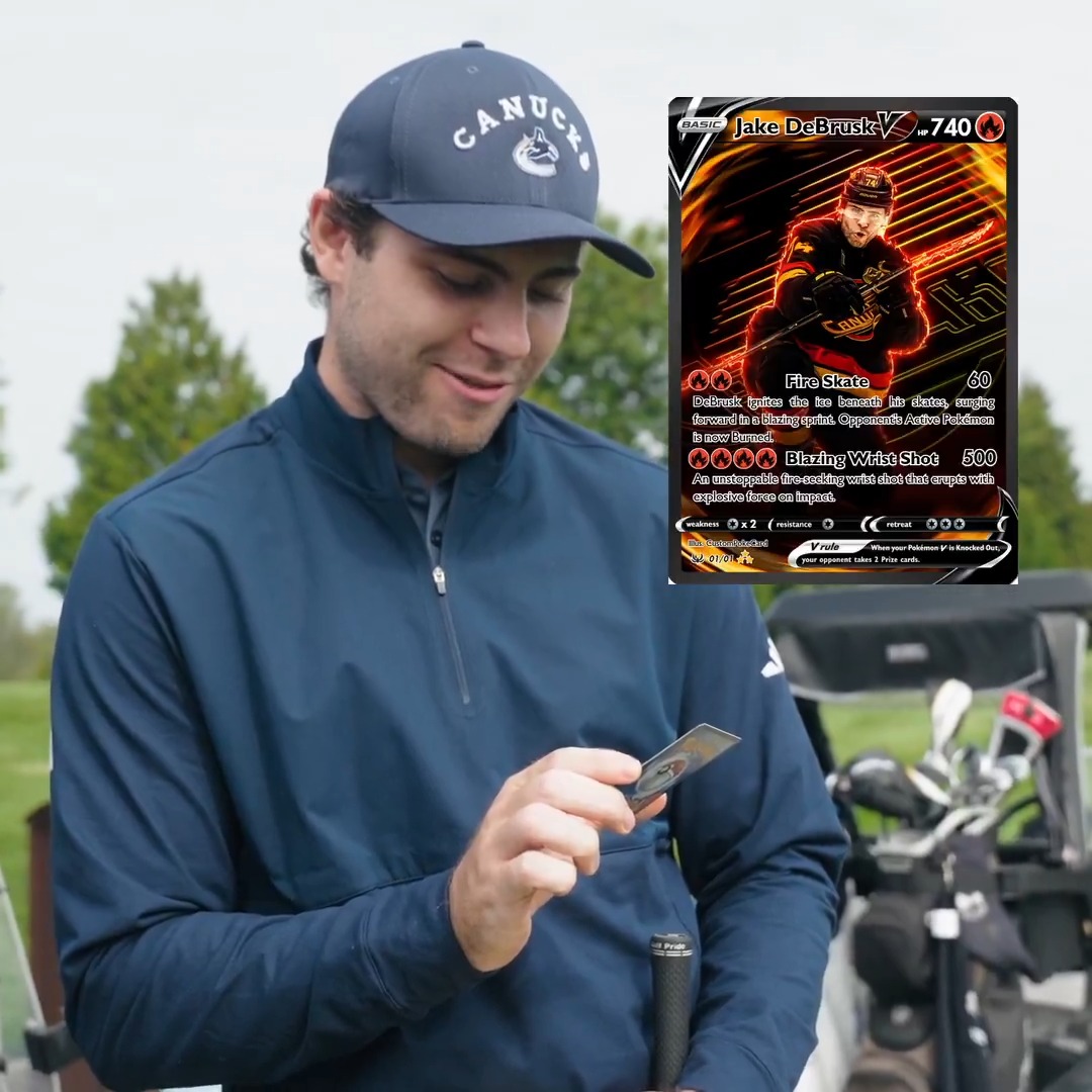 Gotta catch ’em all! 👀 Jake DeBrusk adding a 1/1 Pokemon card to his collection.