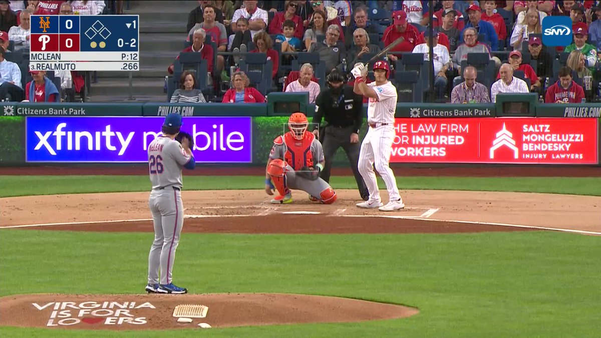 Nolan McLean with some hesitation to get JT Realmuto to pop out to end the first