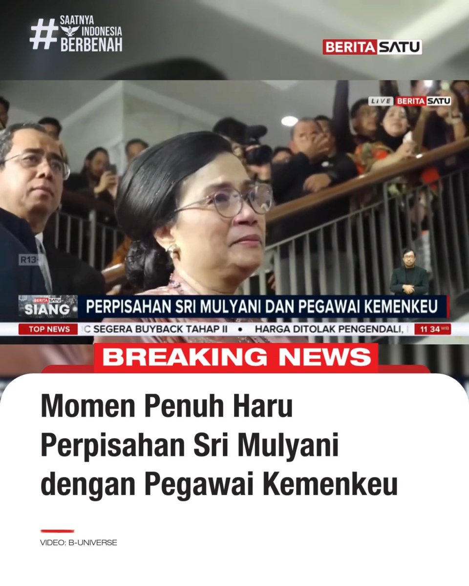 Suasana penuh haru menyelimuti momen perpisahan Sri Mulyani (Sri Muliani Indrawat) dengan para pegawai Kementerian Keuangan (Kemenkeu). Sri Mulyani bahkan tampak menitikkan air mata sambil diiringi nyanyian yang memenuhi Kantor Kementerian Keuangan, Jakarta, Selasa (9/9/2025). Tak hanya itu, para pegawai Kemenkeu juga turut menghadiahkan bunga mawar putih untuk Sri Mulyani. Selalu update di Youtube BeritaSatu, dan BeritaSatu TV! #SriMulyani #Kemenkeu #SaatnyaIndonesiaBerbenah #BeritaSatu