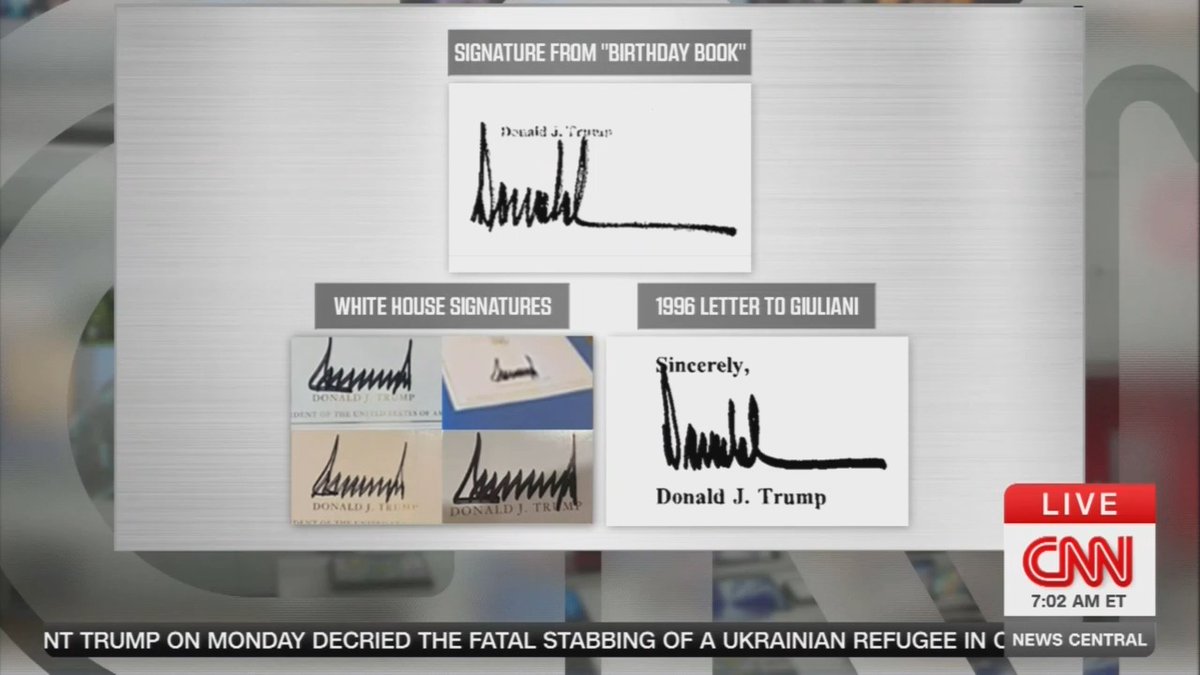 The White House says Trump's signature does not match what's in the book. But at the bottom right, there's this 1996 letter that he wrote to Rudy Giuliani that looks quite similar.