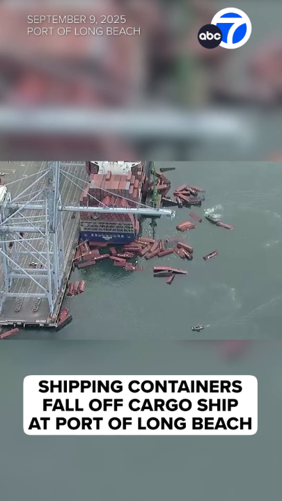#BREAKING: Several shipping containers have fallen off a cargo ship and tumbled into the water at the Port of Long Beach. Multiple containers also fell onto a support boat directly adjacent to the ship. Articles of clothing and shoes were seen floating in the water.