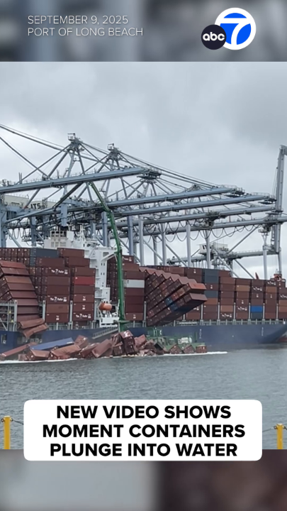 New video shows the moment when nearly an entire column of shipping containers tumbled off a ship and into the water at the Port of Long Beach. More than 50 containers fell from the vessel Mississippi Tuesday morning while it was berthed at the Pier G container terminal, according to a statement from the port. No injuries were reported.