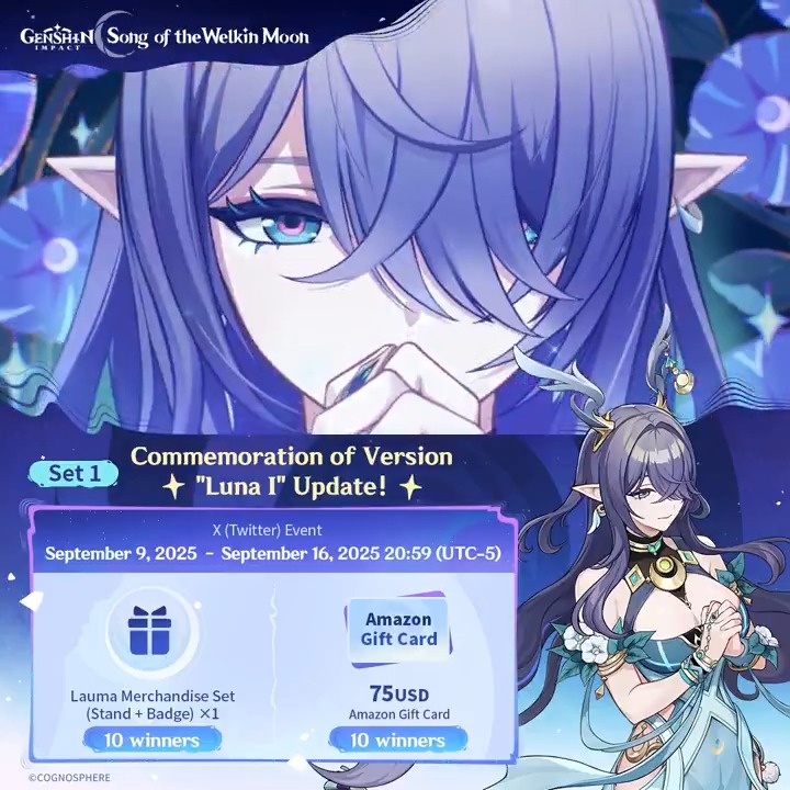 ✨Commemoration of Version "Luna I" Update!✨ 🎁Participate for a chance to win official merchandise or a $75 Amazon gift card! How to Participate: ① Follow Genshin Impact ② Repost this post Check results instantly: #GenshinImpact
