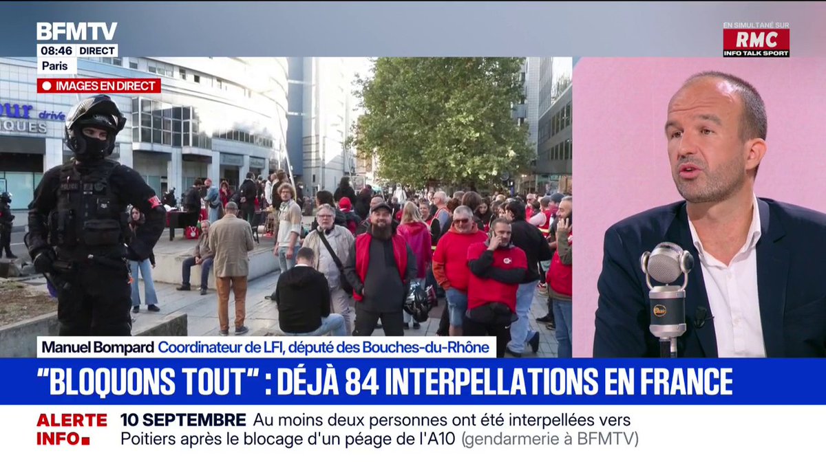 Les Insoumis soutiennent "les blocages de lycées" mais ne soutiennent pas "les initiatives d'affrontements et de violences", assure Manuel Bompard