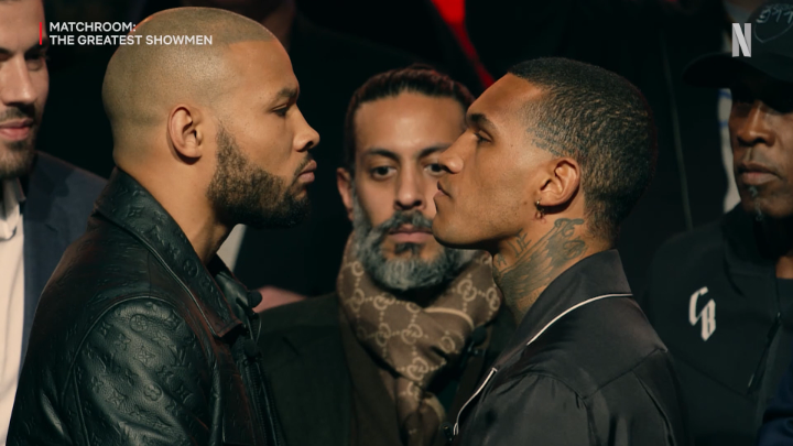 Footage of Conor Benn's team after he was slapped with an egg by Chris Eubank Jr at their presser 👀 The full clip will be available next week when MATCHROOM: THE GREATEST SHOWMEN is released on Netflix 🍿 🎬 Netflix UK & Ireland #EubankBenn2 | #Netflix
