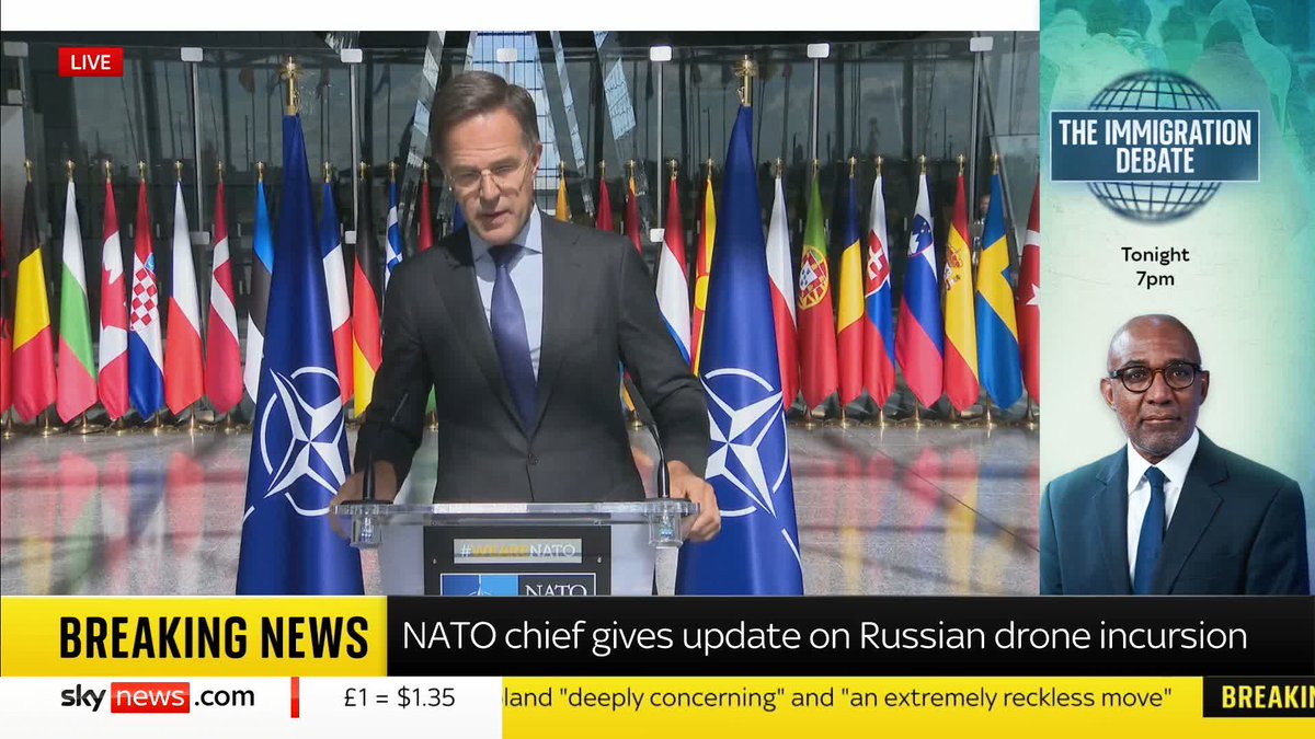 BREAKING: NATO chief Mark Rutte demands Putin "stop violating allied airspace" and says the drone incident is "absolutely reckless", intentional or not 📺 Sky 501, Virgin 602, Freeview 233 and YouTube
