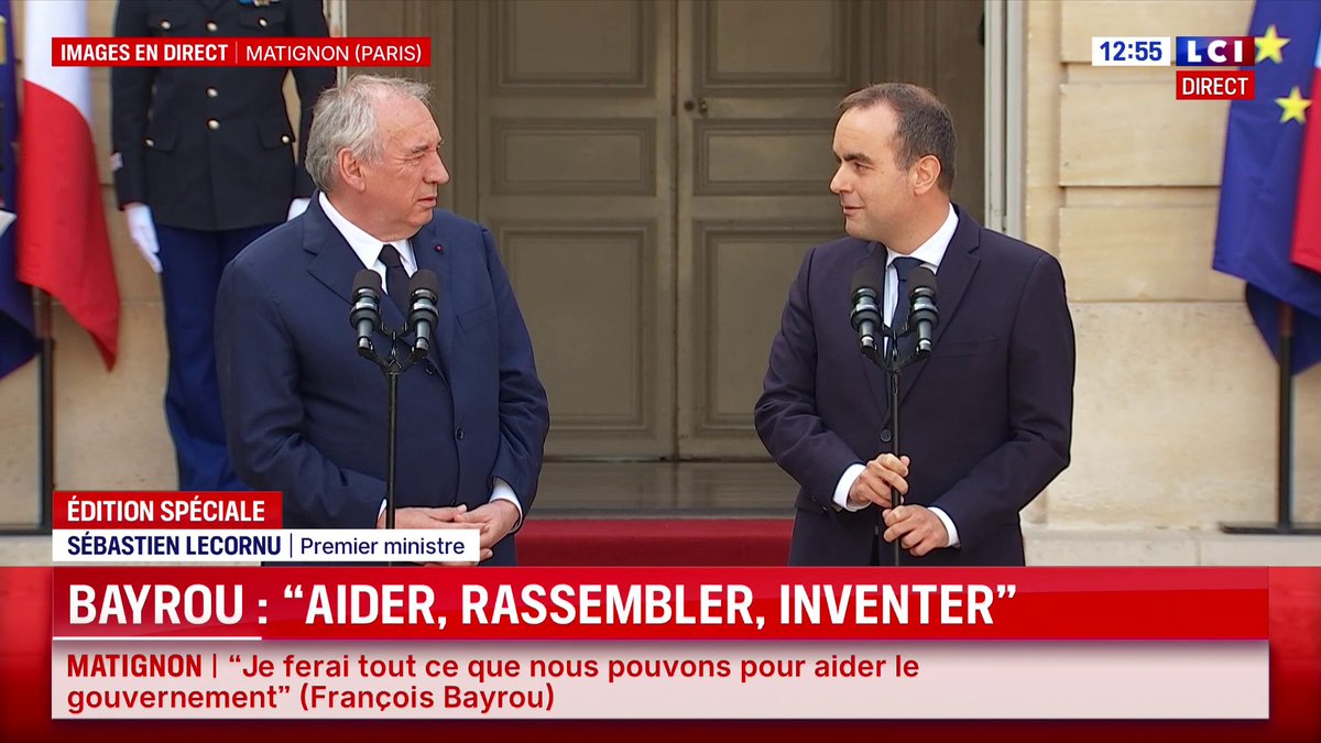 🔴 Passation à Matignon : "Je veux saluer l'extraordinaire courage avec lequel vous avez défendu vos intimes convictions de militant et de citoyen jusqu'à cette dernière minute à Matignon", Sébastien Lecornu à François François Bayrou