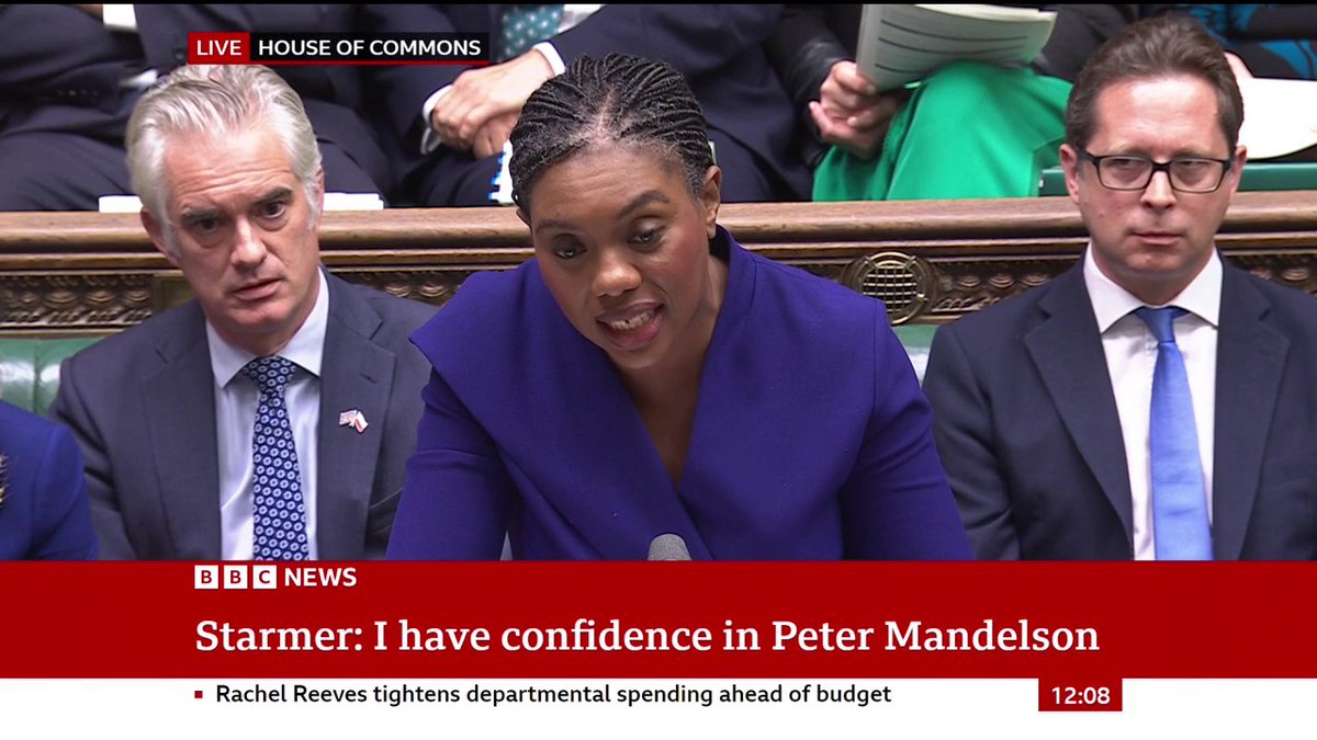 Kemi Badenoch asks Keir Starmer if he was aware of an "intimate relationship" between Jeffery Epstein and Peter Mandelson The PM says "full due process was followed" in the UK ambassador's appointment #PMQs