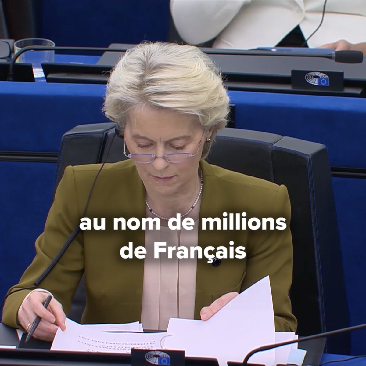 Au nom de millions de Français, face à la présidente de la Commission européenne Ursula von der Leyen, je lui ai posé aujourd'hui une question simple : quels intérêts défend-elle vraiment ?