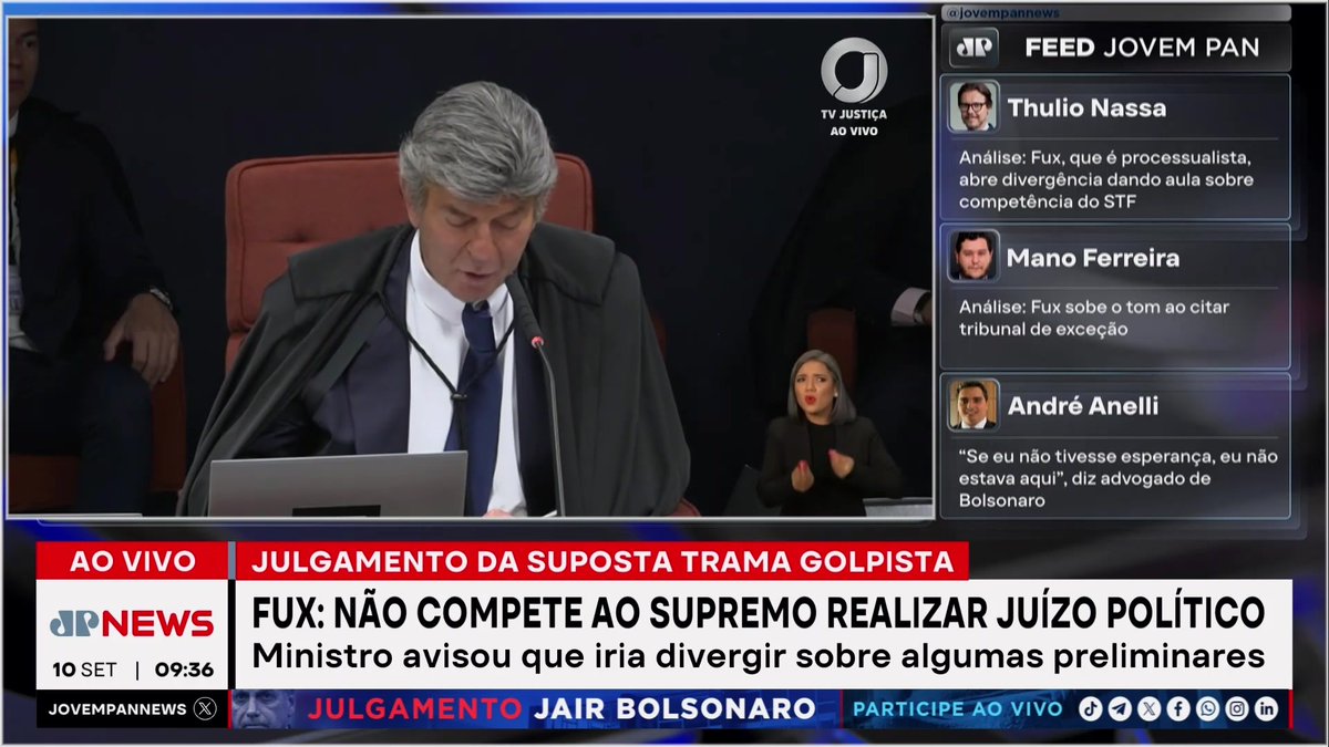 Luiz Fux afirmou que vota pela incompetência do Supremo Tribunal Federal para julgar o caso da trama golpista, já que nenhum dos réus tem prerrogativa de foro. Confira na íntegra: #TempoReal