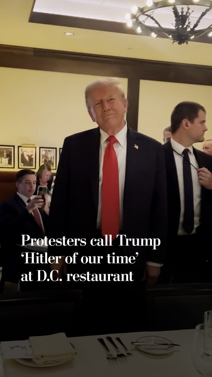 Protesters chanted that President Donald Trump is the “Hitler of our time” while he dined at Joe’s Seafood, Prime Steak &amp; Stone Crab on Tuesday, a rare journey outside the White House to a D.C. restaurant.