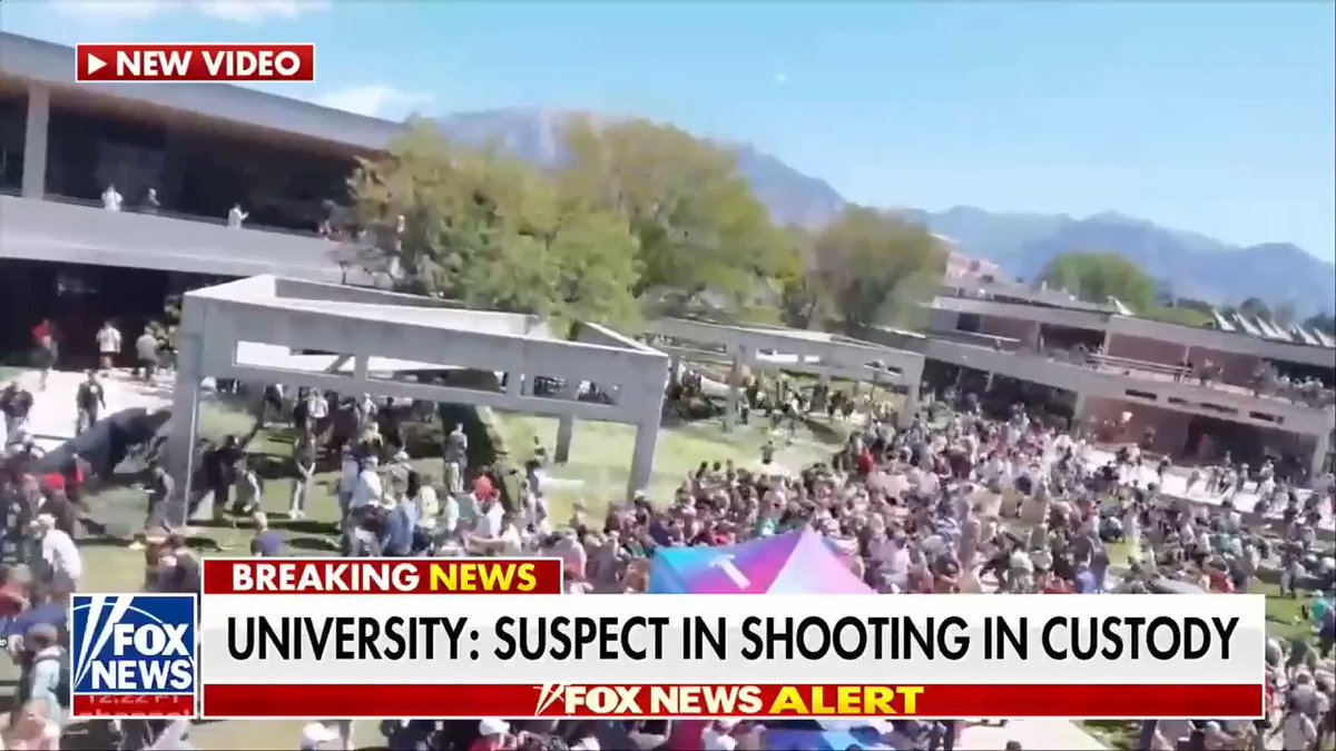 BREAKING: Suspect in custody after Charlie Kirk was shot at college event in Utah, the university says. Shots were fired from a building about 200 yards from Charlie, according to a Utah Valley University official.