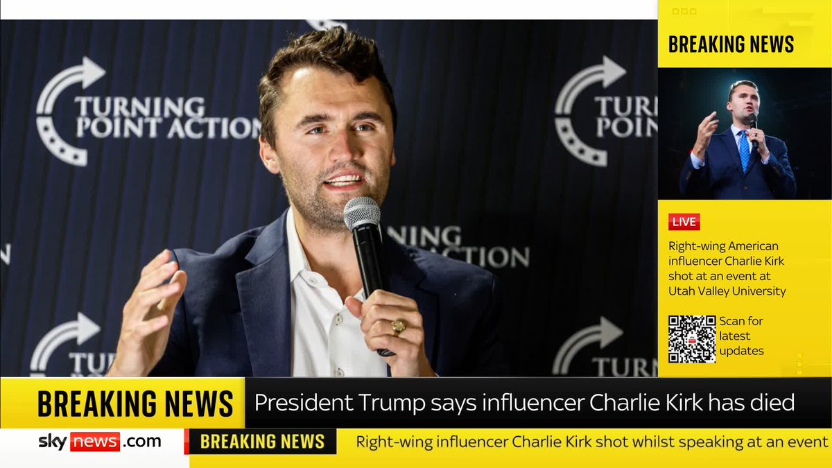 BREAKING: Charlie Kirk has died, says US President Donald Trump. The 31-year-old Conservative influencer was shot in the neck as he spoke during an event at Utah Valley University. 📺 Sky 501, Virgin 602, Freeview 233 and YouTube