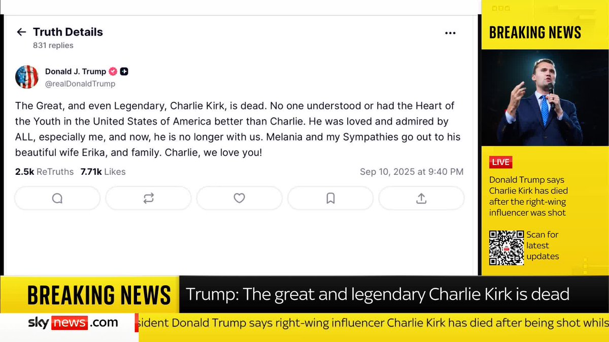 'The great and legendary Charlie Kirk is dead,' US President Donald Trump has written in a post on Truth Social. The 31-year-old Conservative influencer was shot in the neck as he spoke during an event at Utah Valley University. Read Trump's statement ⬇️