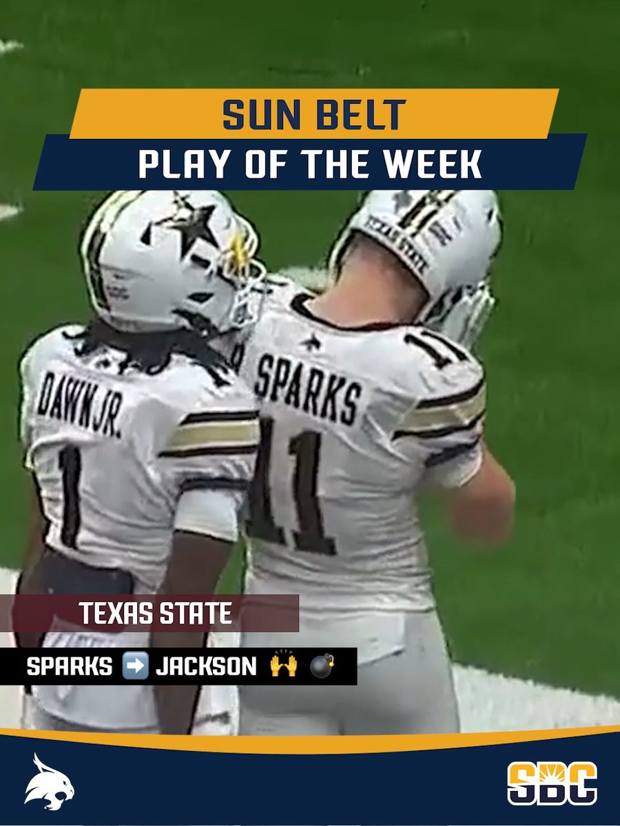 𝗧𝗘𝗫𝗔𝗦 𝗦𝗧𝗔𝗧𝗘𝗠𝗘𝗡𝗧. Brad Jackson to Beau Sparks⚡️ for the 65-yard Texas State Football game-winner in the I-35 Rivalry. ☀️🏈