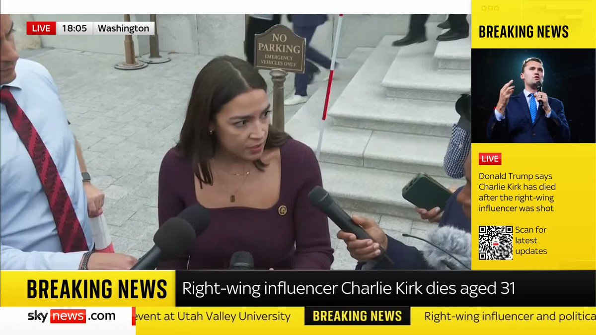 'The assassination of Charlie Kirk risks an uncorking of political chaos and violence that we cannot risk in America' Democratic Representative Alexandria Ocasio-Cortez speaks after Charlie Kirk was shot dead at an event in Utah 📺 Sky 501, Virgin 602