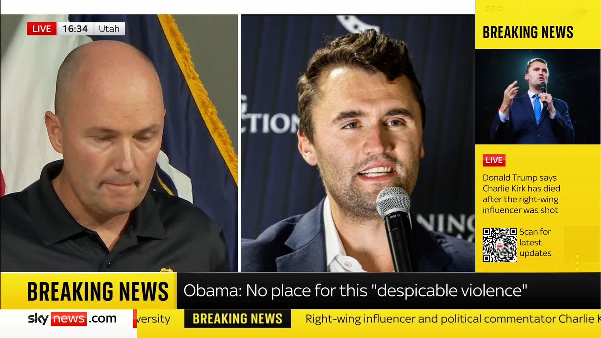 'We need every single person in this country to think about where we are, and where we want to be' Utah Governor Spencer Cox tells reporters 'our nation is broken' after Charlie Kirk was shot and killed during an event today 📺 Sky 501, Virgin 602