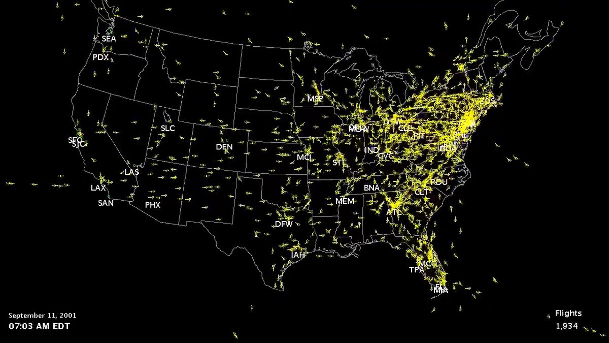 On September 11, 2001, at 9:45 am, the FAA closed U.S. airspace—the first unplanned closure of U.S. airspace in history. In just a matter of hours, all commercial air traffic was grounded. #September11