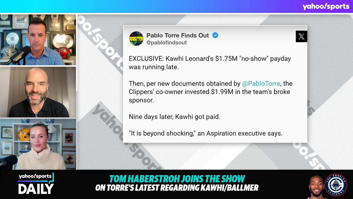 "You have to drop the hammer on Steve Ballmer if these allegations are true." 🧑‍⚖️ Tom Haberstroh reacts to Pablo Torre's latest reporting on the Kawhi Leonard-Steve Ballmer story with jason fitz and Caroline Fenton. (via Yahoo Sports Daily)