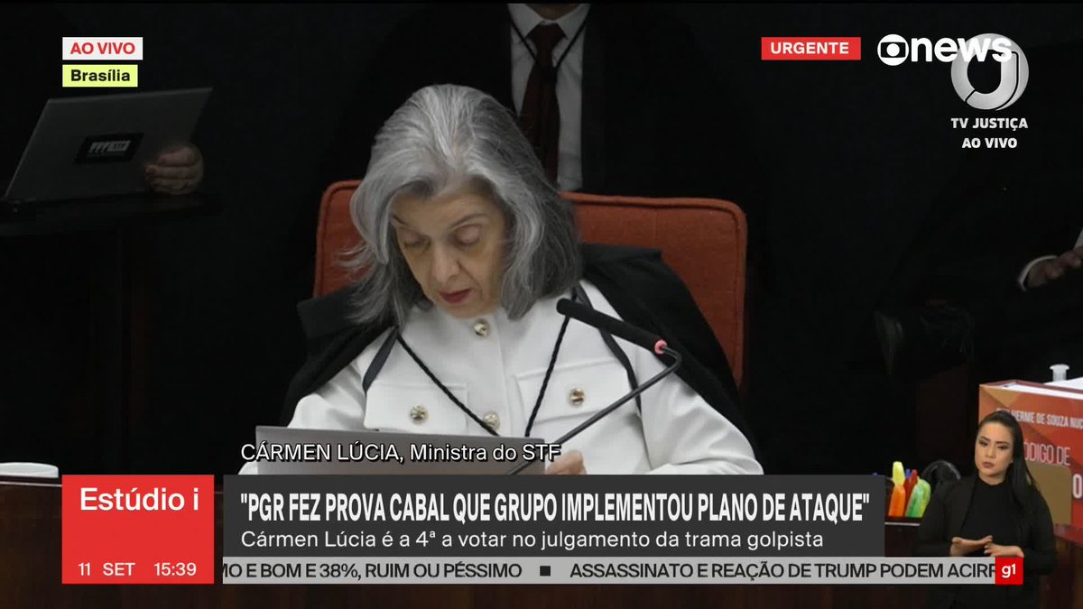 Com voto da ministra Cármen Lúcia, Primeira Turma do STF forma maioria para condenar Bolsonaro por organização criminosa. Veja o momento. #Estúdioi ➡ Assista à #GloboNews: