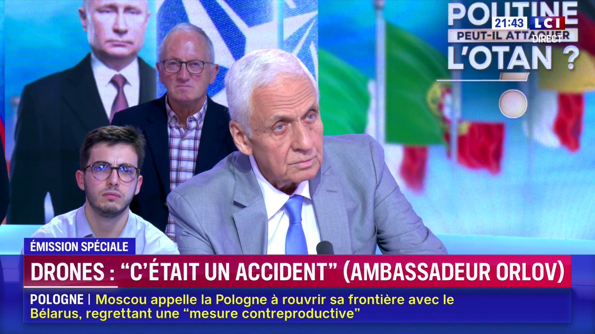 🔴 Drones russes en Pologne 🗣️ "Si aujourd'hui on est pas arrivé à la paix en Ukraine, c'est à cause de d'une partie de l'Europe qui ne veut pas la paix. Quel est notre intérêt d'attaquer l'Europe ?" Alexandre Orlov, ancien ambassadeur de Russie en France ▶️ Darius Rochebin