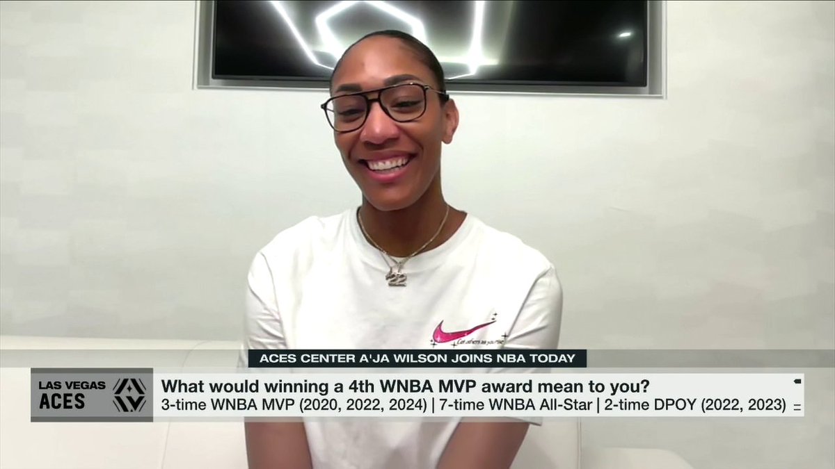 "I'm grateful, I'm blessed to be just surrounded by an amazing team that helps me just be who I am." A'ja Wilson on potentially being the first WNBA player to win a fourth MVP 🤩 -Malika Andrews
