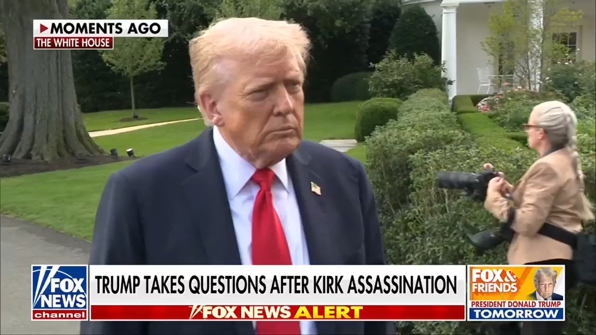 NEW — President Trump on investigation into Charlie Kirk assassination: "Well, I hear they're making big progress, and we'll have to see what happens." Reporter: "Do you have any indication of the shooter's motivation, sir?" Trump: "I have an indication, yeah — but we'll let you know about that later."