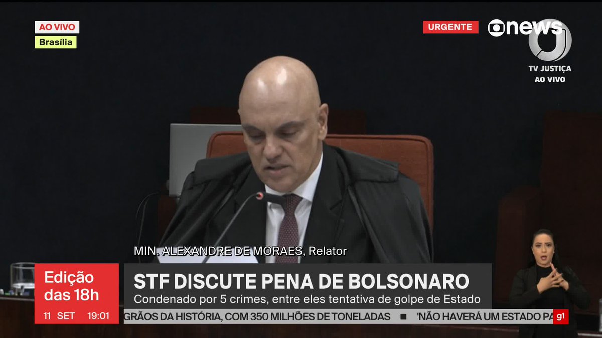 "Fixo a pena a Jair Bolsonaro a 27 anos e 3 meses em regime fechado." (Moraes) "Tinha chegado a outra pena. Em 31 anos, mas em razão das ponderações do relator, estou aderindo. Mas quero elevar a multa pela sua capacidade econômica." (Flávio Dino)