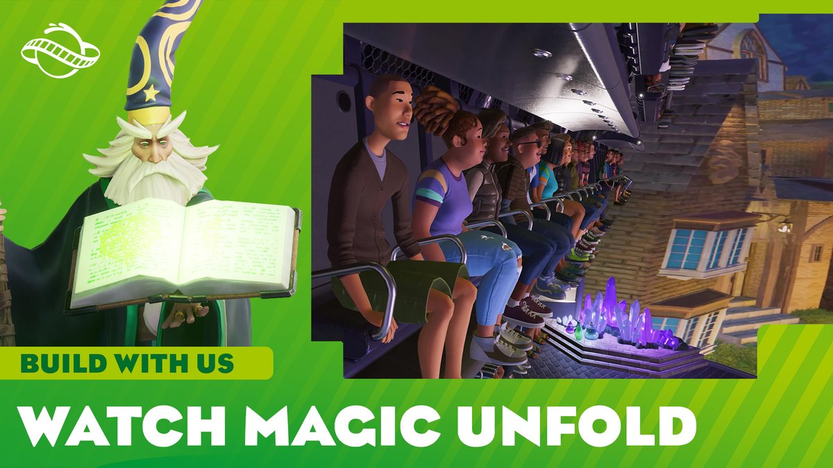Watch the magic unfold with the brand-new Flying Theatre flat ride - included in the Sorcery Pack DLC for Planet Coaster 2!