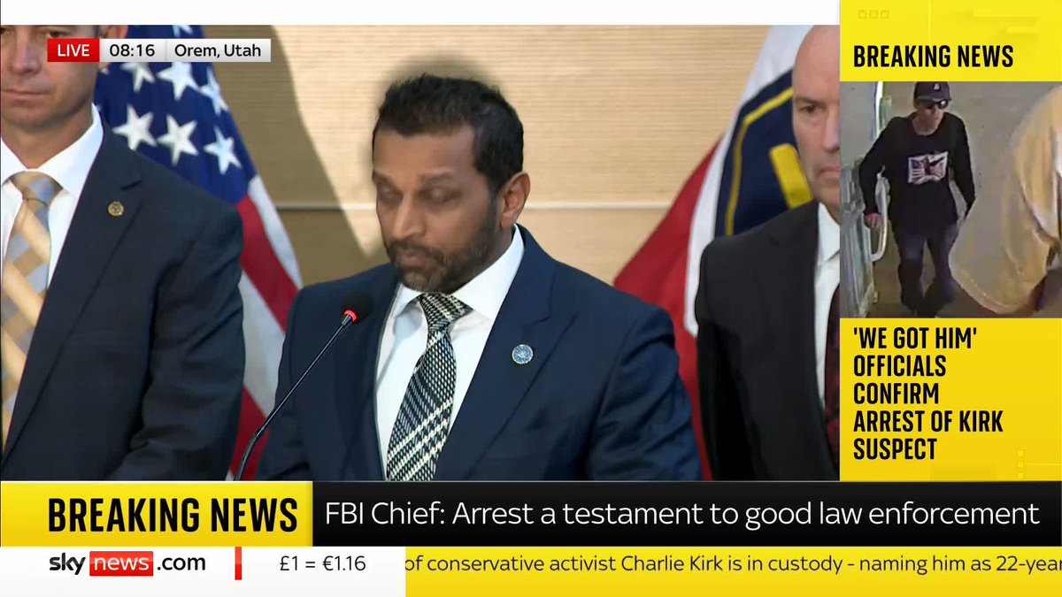 "To my friend Charlie Kirk, rest now brother, we have the watch and I'll see you in Valhalla" FBI Director Kash Patel pays tribute to Charlie Kirk after describing the efforts leading up to the arrest of 22-year-old suspect Tyler Robinson 📺 Sky 501