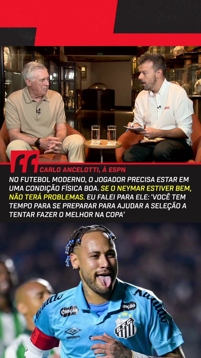 Ancelotti revela papo com Neymar, diz onde pretende utilizar craque na seleção e afirma: 'Tem que estar em uma condição física boa' 🗞️ em entrevista exclusiva à ESPN 🗣️ CARLO ANCELOTTI: Nós não vamos observar como joga o Neymar, obviamente. Todo mundo conhece o seu talento. No futebol moderno, para aproveitar o talento dele, o jogador tem que estar em uma condição física boa. Se ele estiver na sua melhor condição física, ele não vai ter problemas de estar na seleção. Todo mundo quer o Neymar na seleção em uma boa condição física. Eu falei com ele, disse 'você tem tempo para se preparar da melhor forma para estar e ajudar a seleção a tentar fazer o melhor na Copa do Mundo'" 🗣️ CARLO ANCELOTTI: Eu falei com ele. Ele veio ao hotel antes do jogo contra o Paraguai e falamos disso. Está tudo claro, a ideia segue a mesma. (O colocaria) como meia-atacante ou atacante, tem que jogar centralizado, não pode jogar por fora porque o futebol moderno precisa de atacantes que tenham qualidade física, é muito importante. Ele pode jogar de meia sem nenhum problema" ➡️ #Ancelotti #SeleçãoBrasileira #Brasil #CopaDoMundo