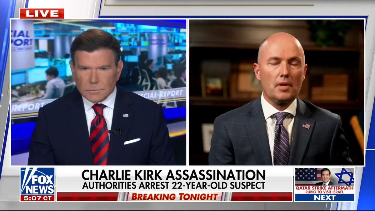 BREAKING: Utah Gov. Spencer Cox tells Bret Baier authorities are "very confident" the suspected Charlie Kirk assassin taken into custody acted alone
