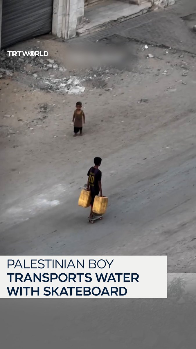 Instead of skating in a park, a young Palestinian boy in Gaza uses his skateboard to transport water for his family amid Israel's manufactured water crisis