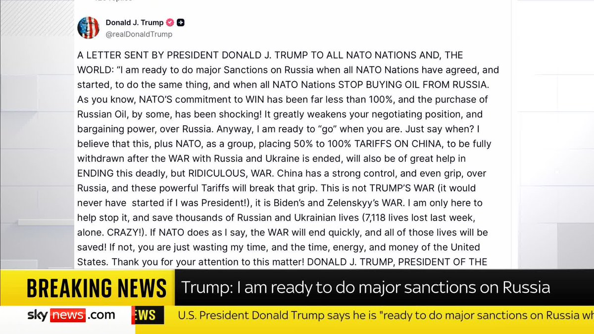 President Trump says he is 'ready to do major sanctions on Russia' when all NATO nations have reached an agreement and stopped buying Russian oil 📺 Sky 501, Virgin 602, Freeview 233 and YouTube