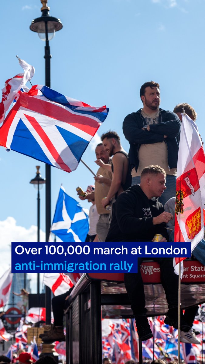 Around 110,000 people marched in the UK at a rally led by far-right activist Tommy Robinson, amid debates over immigration and the English flag. Thousands joined a counterprotest, with 1,500 police deployed to keep the groups apart.