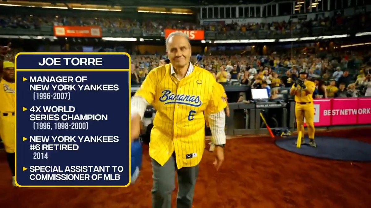 Joe Torre walks out to an ovation at Yankee Stadium wearing his Savannah Bananas gear