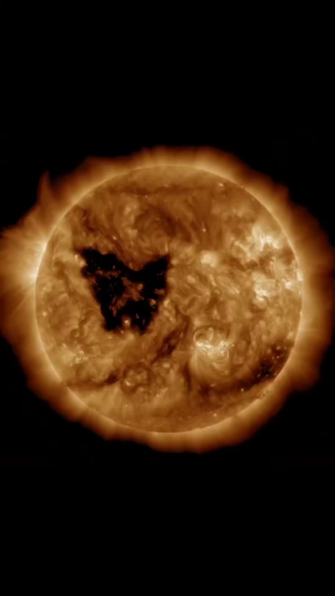 🚨ATENÇÃO: Um buraco coronal em forma de borboleta na atmosfera do Sol está emitindo um fluxo de vento solar que deve atingir a Terra, hoje, 14 de setembro de 2025. Esse evento pode desencadear uma tempestade geomagnética de nível G1 (menor), com possibilidade de alcançar G2 (moderada), dependendo de como o campo magnético solar se alinhar com o da Terra.