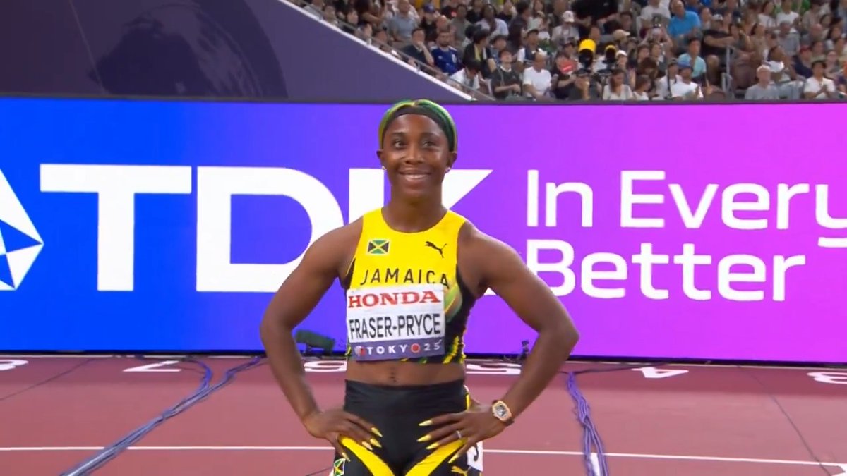 【東京世界陸上】 ▶️女子100m 準決勝2組 パリ五輪金メダリスト🥇 🇱🇨アルフレッド 選手 1位 10秒93 🏃♀️最後の世界陸上🏃♀️ 🇯🇲フレイザープライス 選手 2位 11秒00 今夜は26年ぶりに男女100m同日決勝!!! 女子100m決勝は22時13分頃〜 📺TBS系列 生中継