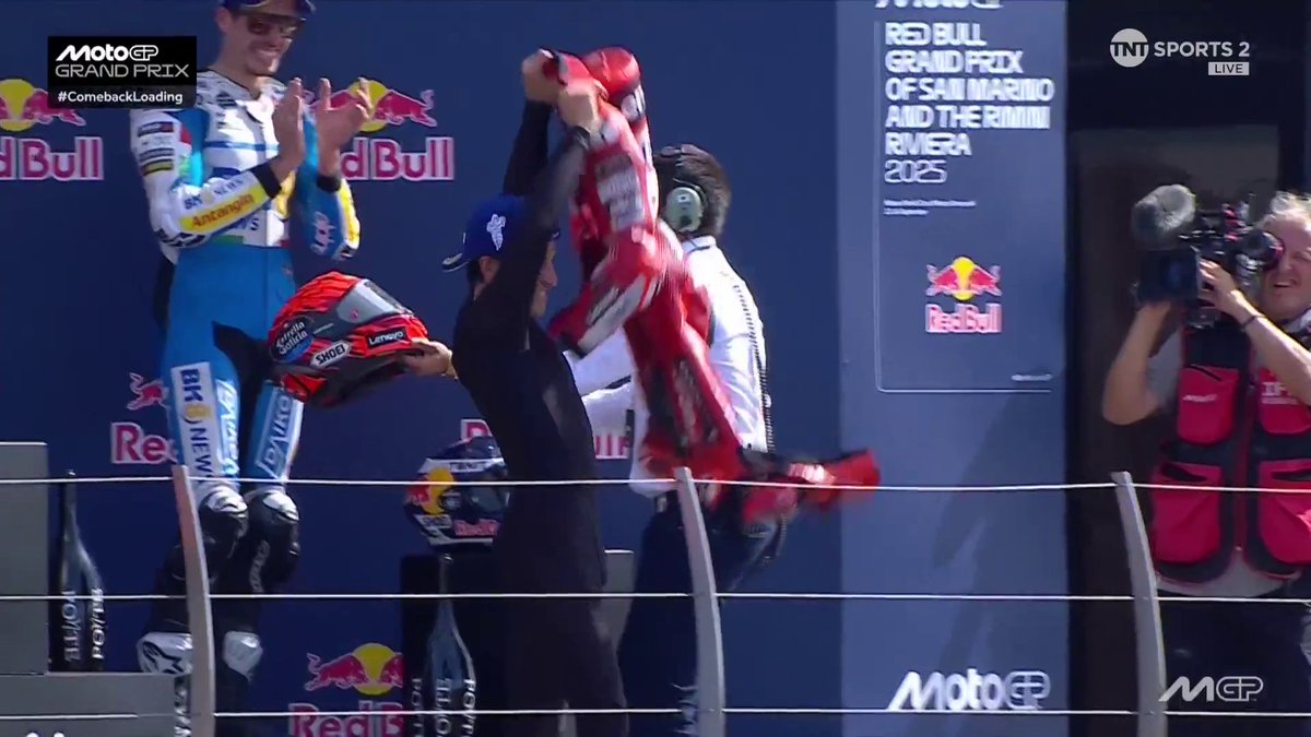"I'm in Ducati red" 💪 Marc Marquez salutes the Italian fans after his victory in Misano 🏆 #MotoGP | #SanMarinoGP Live on TNT Sports and Discovery+