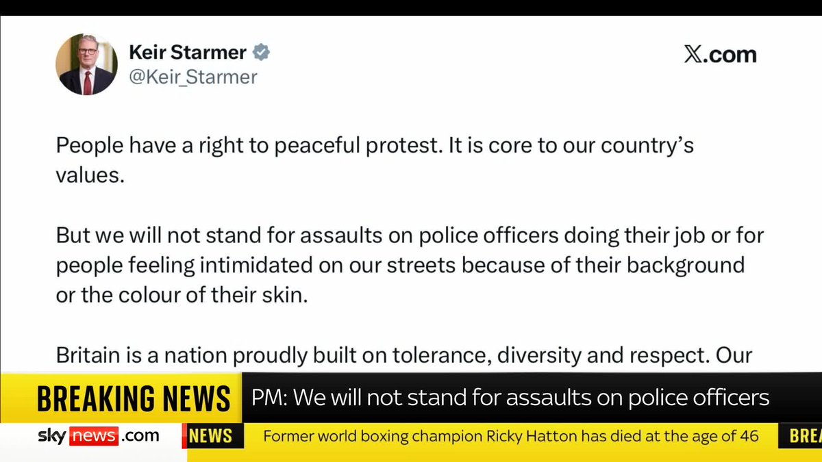 BREAKING: "We will not stand for assault on police officers doing their job or for people feeling intimidated on our streets" PM Keir Starmer comments after around 150,000 took part in the 'Unite the Kingdom' rally yesterday 📺 Sky 501