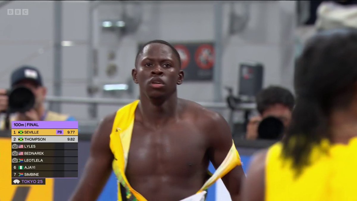 Seville is the World Champion 💪 Oblique Seville wins Jamaica's first gold medal at the Worlds in the men's 100m since Usain Bolt in 2015 🇯🇲