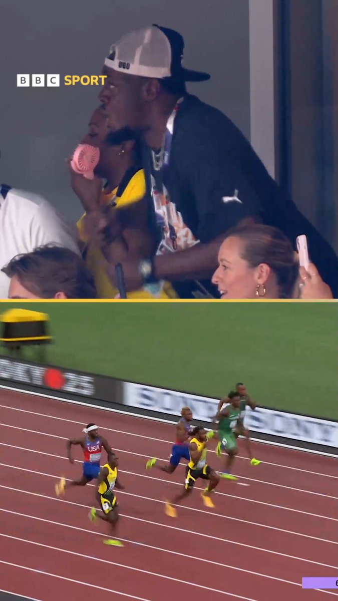 Usain Bolt was living every second! 😅 Oblique Seville powered to Jamaica's first men's World Championship 100m gold since Bolt's 2015 win 🇯🇲🥇